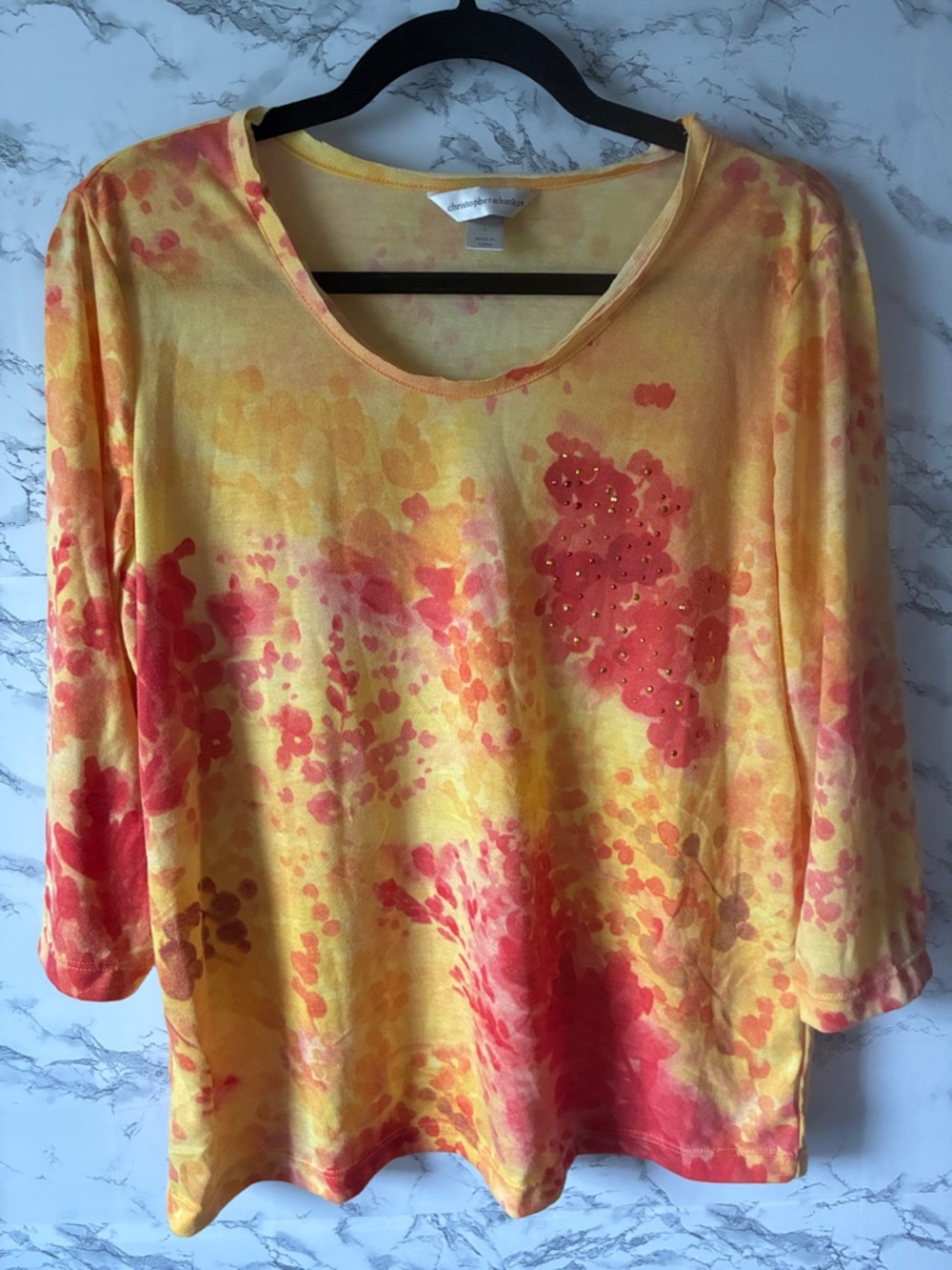 Christopher & Banks L Yellow/Red Floral Knit Top
